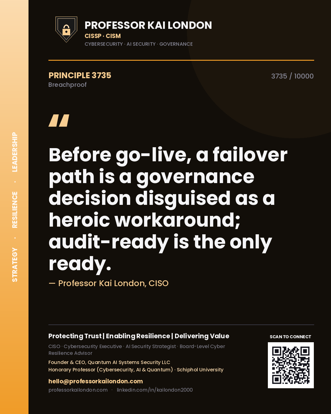 Quote card by Professor Kai London reading 'Before go-live, a failover path is a governance decision disguised as a heroic workaround; audit-ready is the only ready.'. From the book Breachproof.