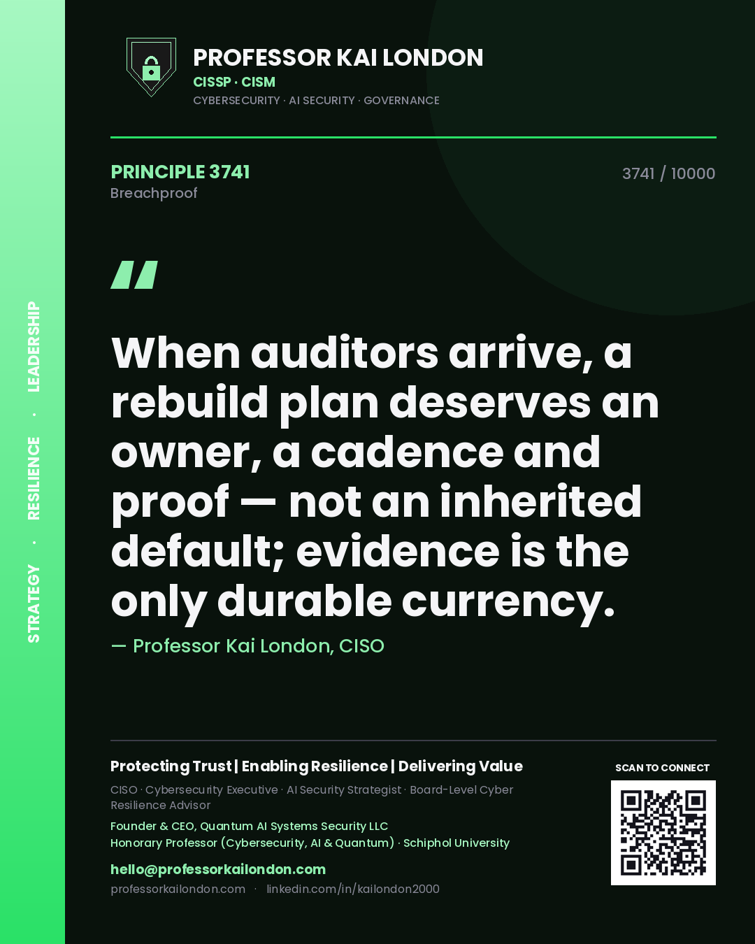 Professor Kai London principle 3741: When auditors arrive, a rebuild plan deserves an owner, a cadence and proof — not an inherited default; evidence is the only durable currency.