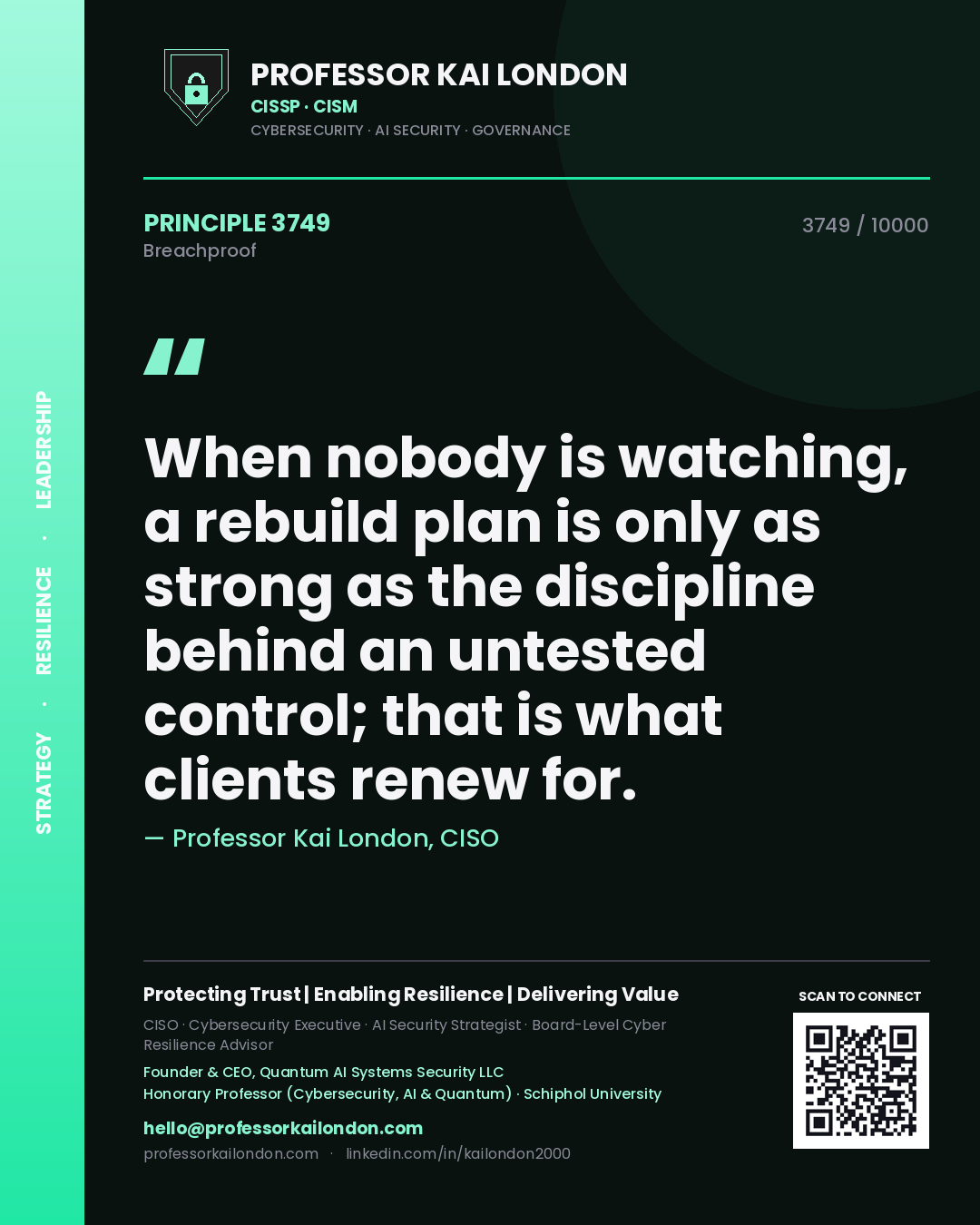 Quote card by Professor Kai London reading 'When nobody is watching, a rebuild plan is only as strong as the discipline behind an untested control; that is what clients renew for.'. From the book Breachproof.