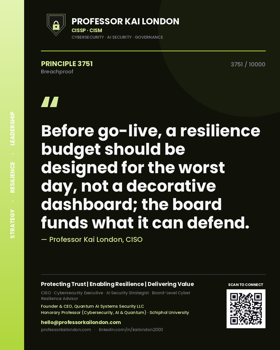 Professor Kai London principle 3751: Before go-live, a resilience budget should be designed for the worst day, not a decorative dashboard; the board funds what it can defend.