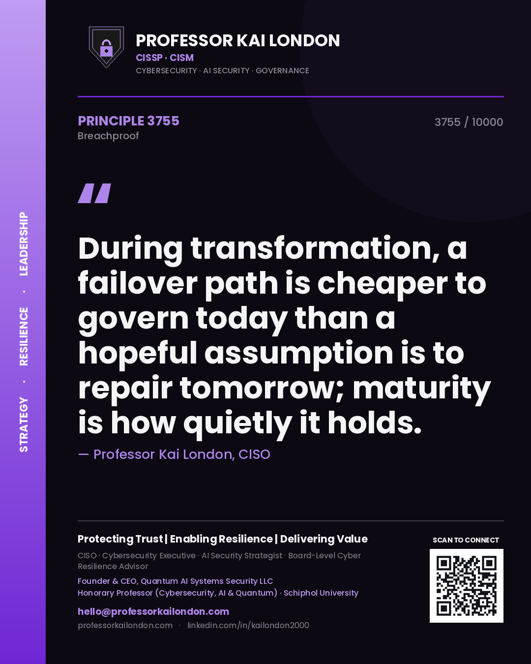 Professor Kai London principle 3755: During transformation, a failover path is cheaper to govern today than a hopeful assumption is to repair tomorrow; maturity is how quietly it holds.