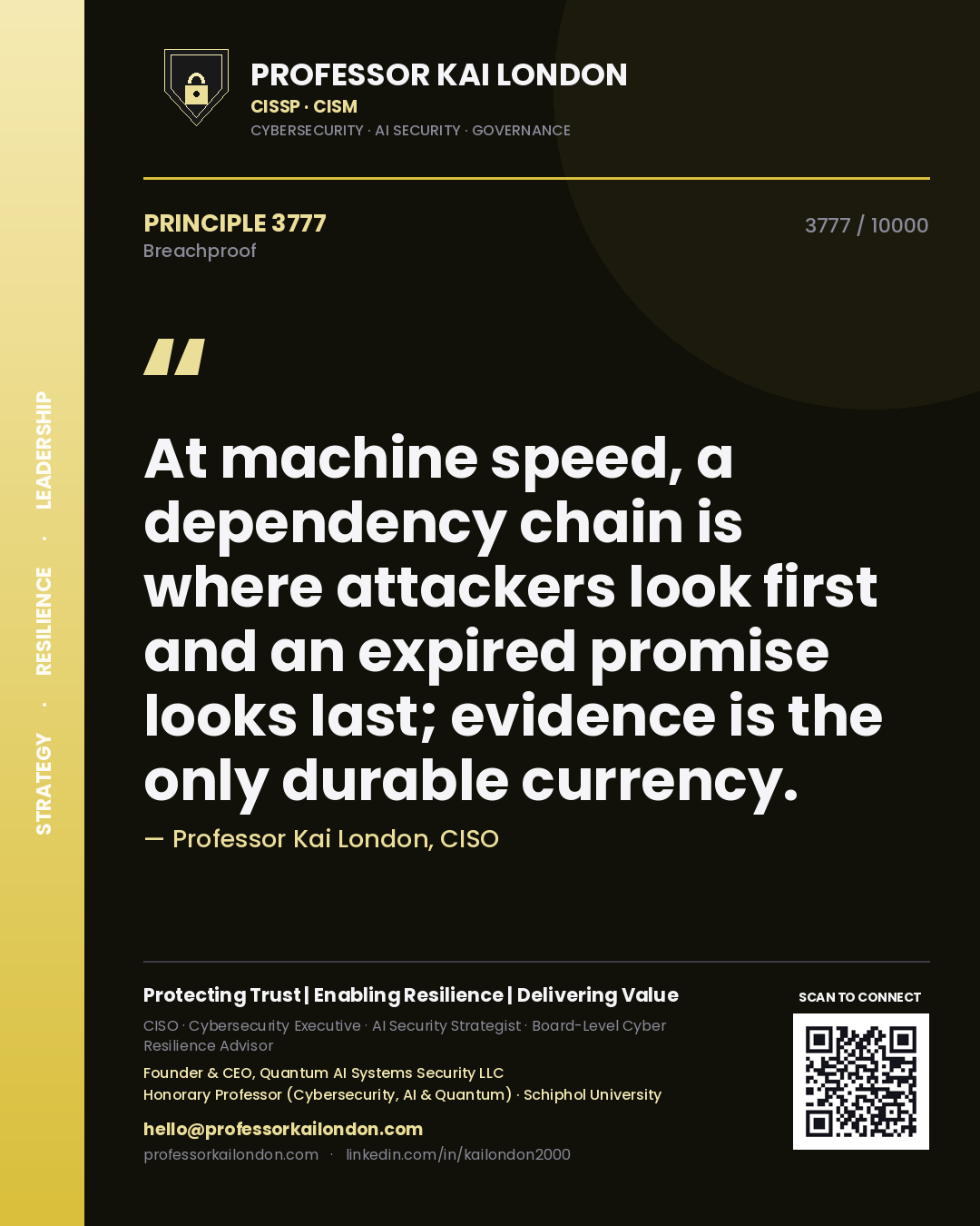 Quote card by Professor Kai London reading 'At machine speed, a dependency chain is where attackers look first and an expired promise looks last; evidence is the only durable currency.'. From the book Breachproof.