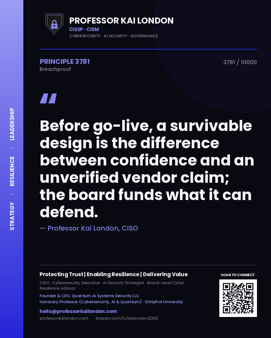 Quote card by Professor Kai London reading 'Before go-live, a survivable design is the difference between confidence and an unverified vendor claim; the board funds what it can defend.'. From the book Breachproof.