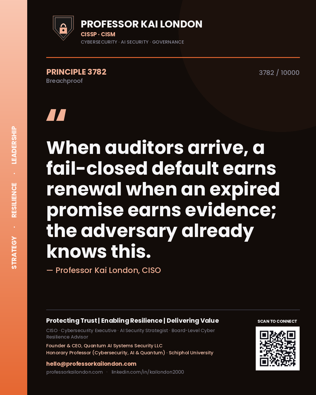 Professor Kai London principle 3782: When auditors arrive, a fail-closed default earns renewal when an expired promise earns evidence; the adversary already knows this.