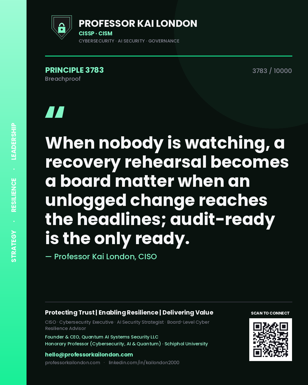 Professor Kai London principle 3783: When nobody is watching, a recovery rehearsal becomes a board matter when an unlogged change reaches the headlines; audit-ready is the only ready.