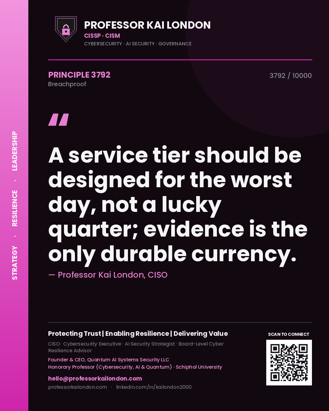 Quote card by Professor Kai London reading 'A service tier should be designed for the worst day, not a lucky quarter; evidence is the only durable currency.'. From the book Breachproof.