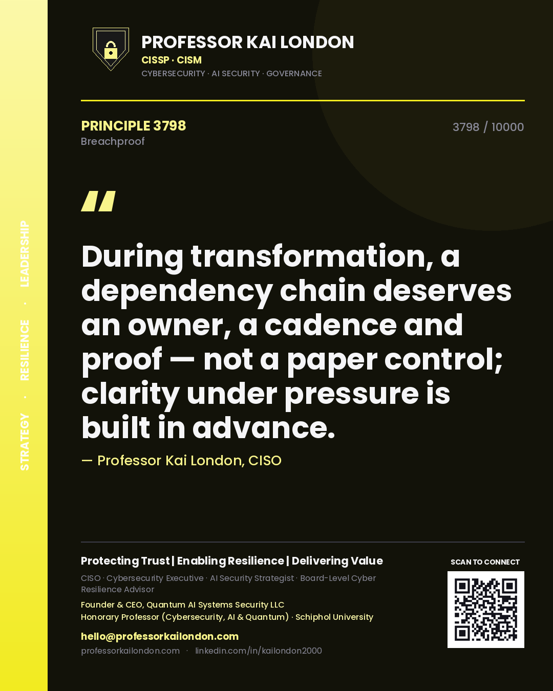 Quote card by Professor Kai London reading 'During transformation, a dependency chain deserves an owner, a cadence and proof — not a paper control; clarity under pressure is built in advance.'. From the book Breachproof.