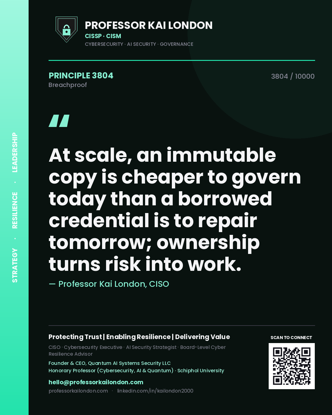 Professor Kai London principle 3804: At scale, an immutable copy is cheaper to govern today than a borrowed credential is to repair tomorrow; ownership turns risk into work.
