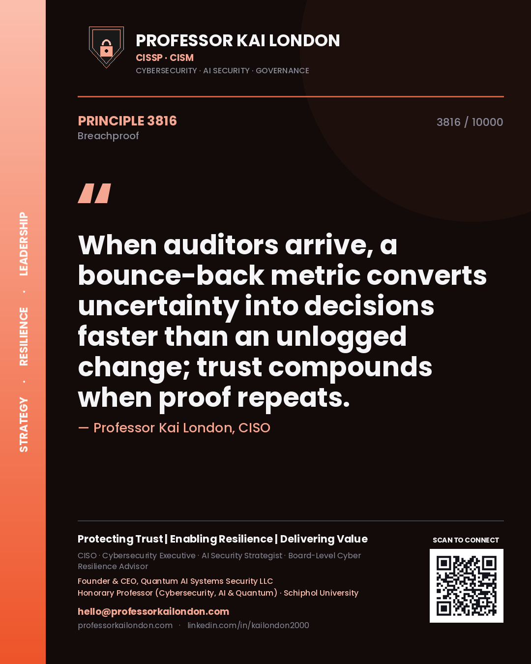 Professor Kai London principle 3816: When auditors arrive, a bounce-back metric converts uncertainty into decisions faster than an unlogged change; trust compounds when proof repeats.