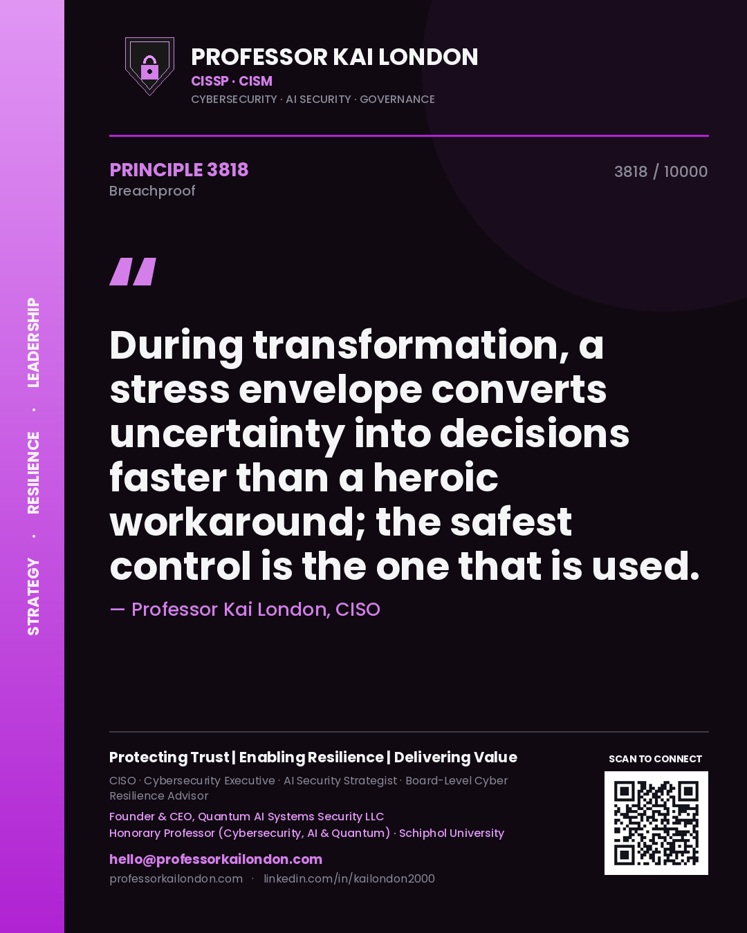 Quote card by Professor Kai London reading 'During transformation, a stress envelope converts uncertainty into decisions faster than a heroic workaround; the safest control is the one that is used.'. From the book Breachproof.