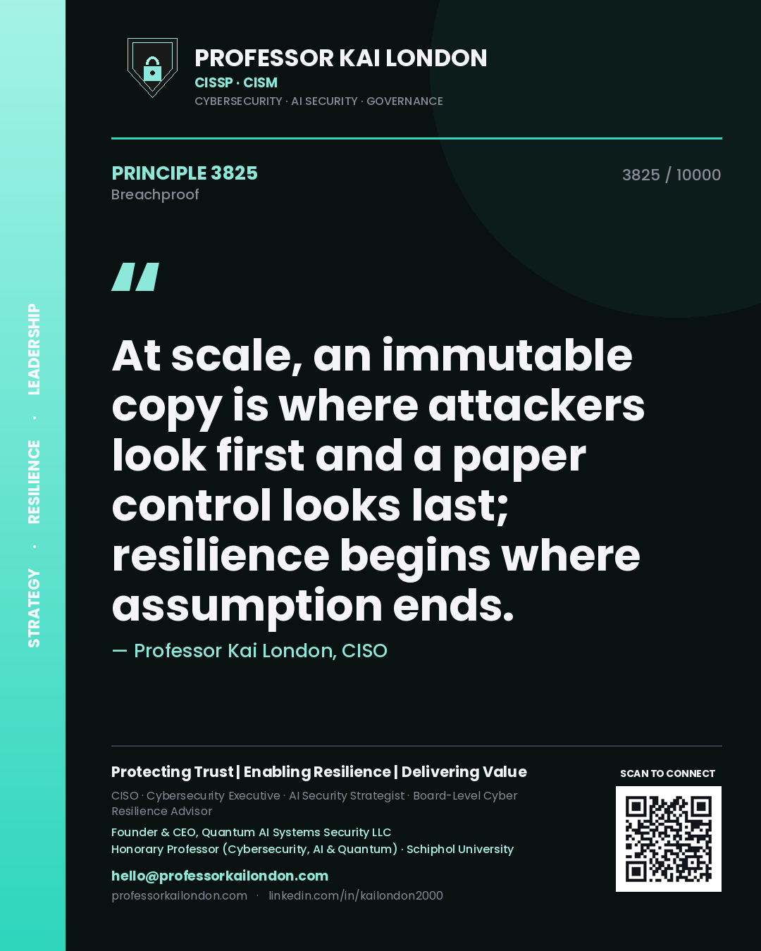 Quote card by Professor Kai London reading 'At scale, an immutable copy is where attackers look first and a paper control looks last; resilience begins where assumption ends.'. From the book Breachproof.