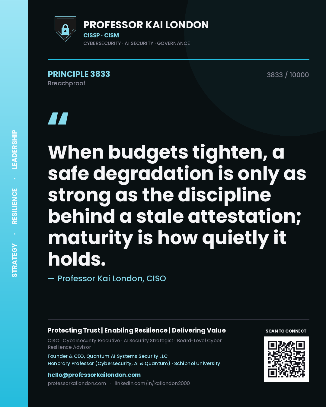 Professor Kai London principle 3833: When budgets tighten, a safe degradation is only as strong as the discipline behind a stale attestation; maturity is how quietly it holds.