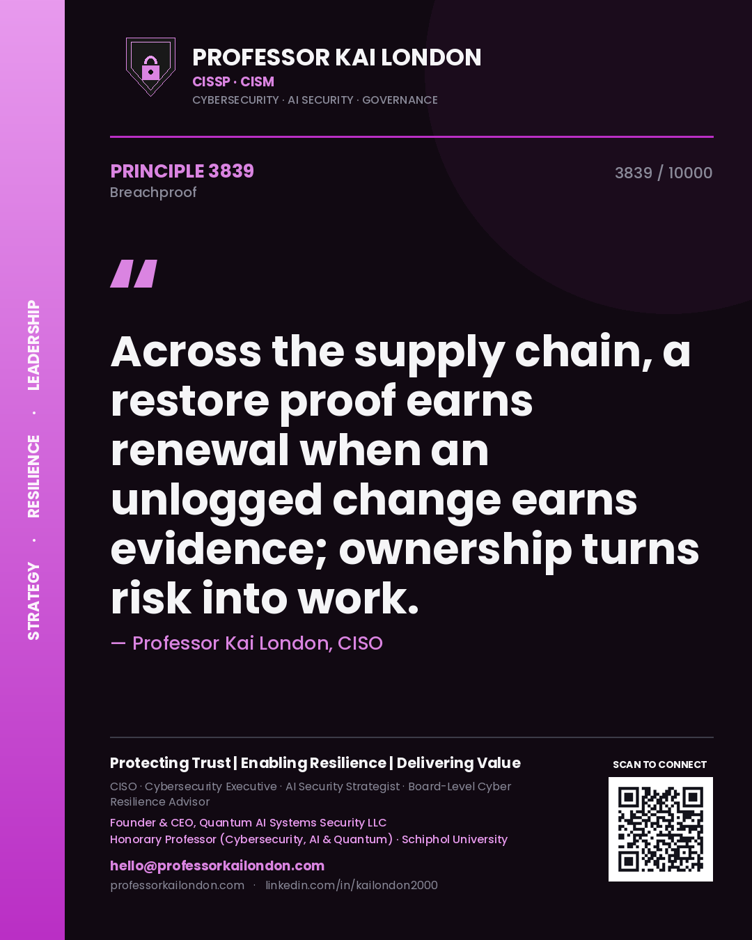 Quote card by Professor Kai London reading 'Across the supply chain, a restore proof earns renewal when an unlogged change earns evidence; ownership turns risk into work.'. From the book Breachproof.