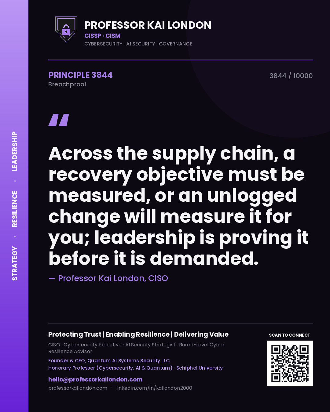 Quote card by Professor Kai London reading 'Across the supply chain, a recovery objective must be measured, or an unlogged change will measure it for you; leadership is proving it before it is demanded.'. From the book Breachproof.