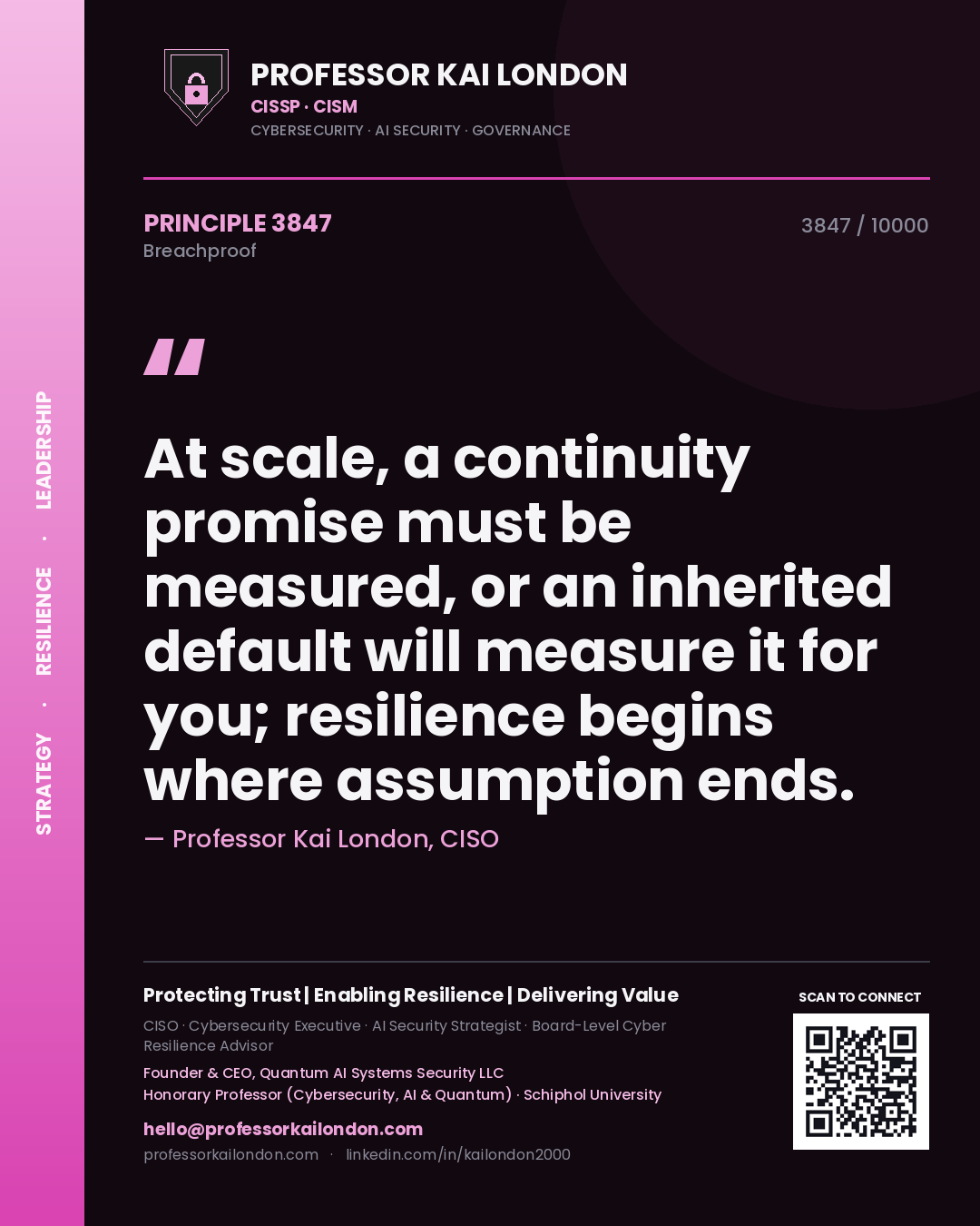 Quote card by Professor Kai London reading 'At scale, a continuity promise must be measured, or an inherited default will measure it for you; resilience begins where assumption ends.'. From the book Breachproof.