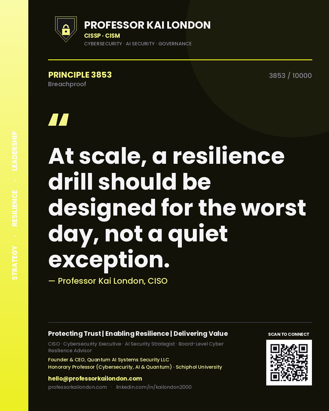 Quote card by Professor Kai London reading 'At scale, a resilience drill should be designed for the worst day, not a quiet exception.'. From the book Breachproof.