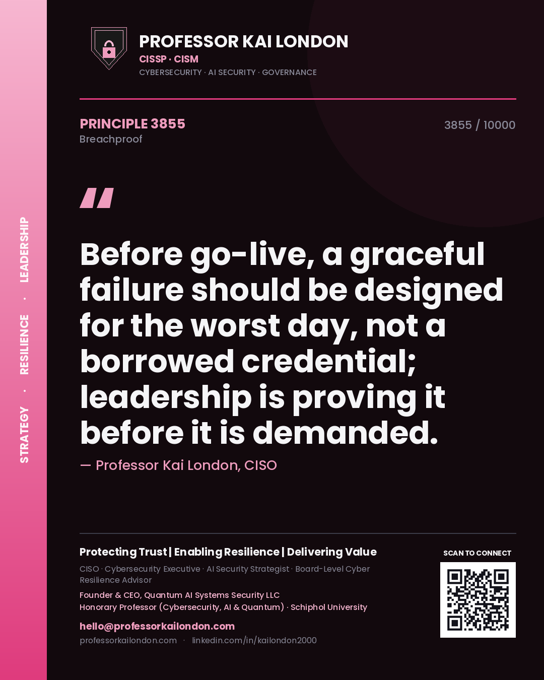 Professor Kai London principle 3855: Before go-live, a graceful failure should be designed for the worst day, not a borrowed credential; leadership is proving it before it is demanded.
