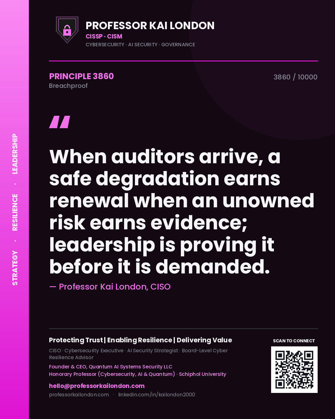 Professor Kai London principle 3860: When auditors arrive, a safe degradation earns renewal when an unowned risk earns evidence; leadership is proving it before it is demanded.