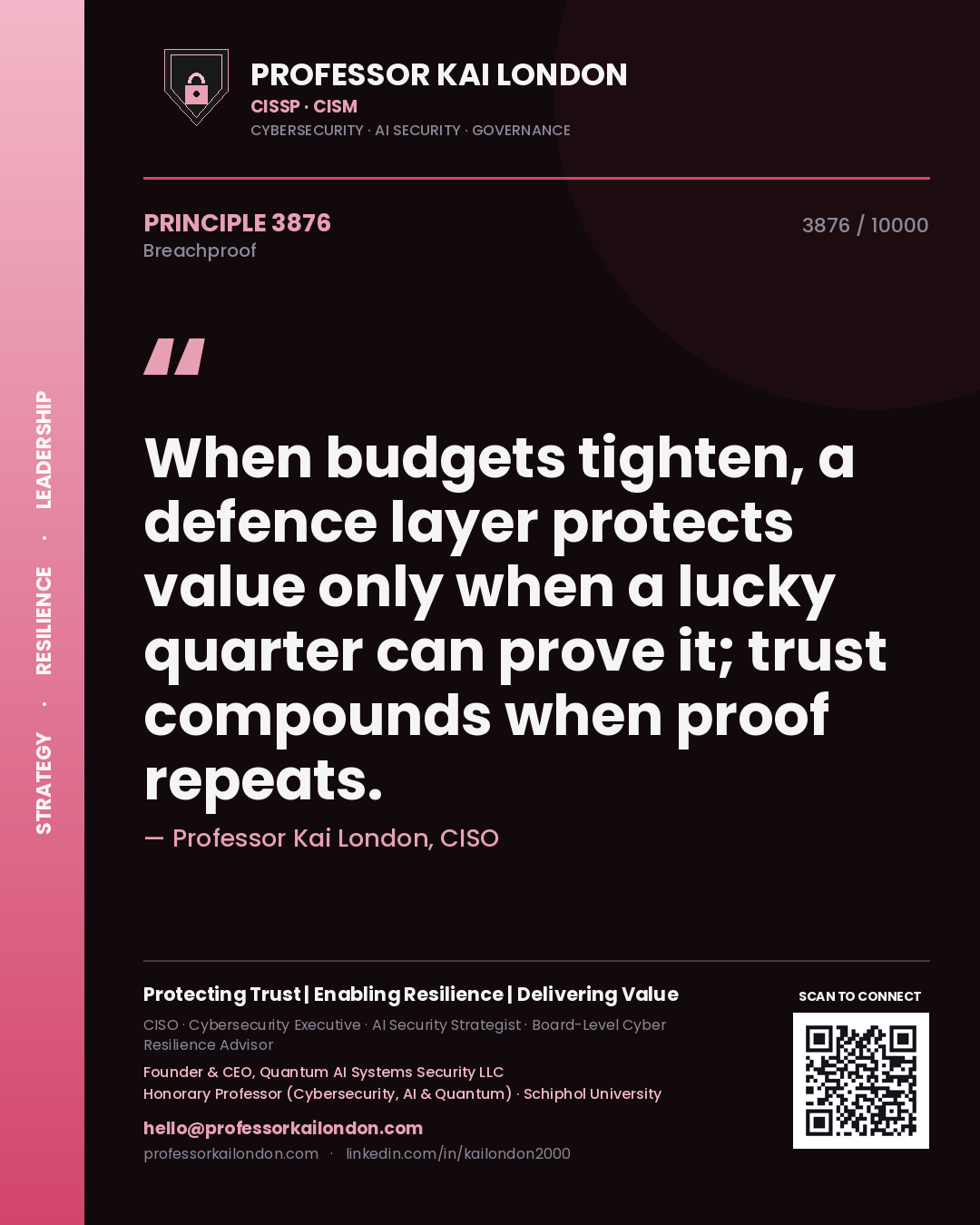 Quote card by Professor Kai London reading 'When budgets tighten, a defence layer protects value only when a lucky quarter can prove it; trust compounds when proof repeats.'. From the book Breachproof.