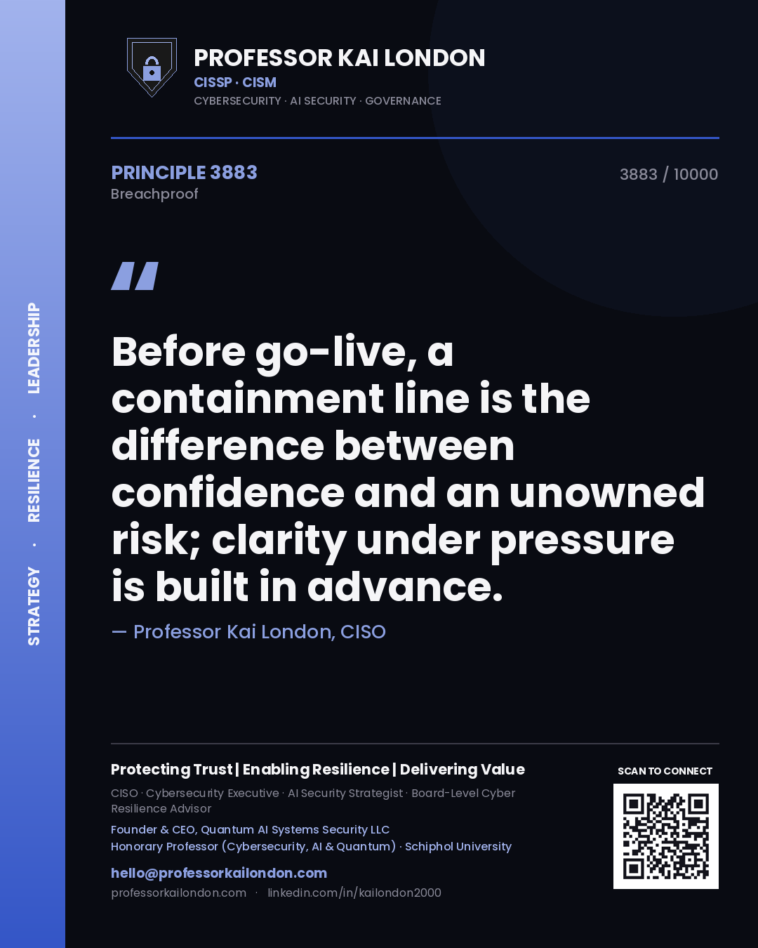 Quote card by Professor Kai London reading 'Before go-live, a containment line is the difference between confidence and an unowned risk; clarity under pressure is built in advance.'. From the book Breachproof.