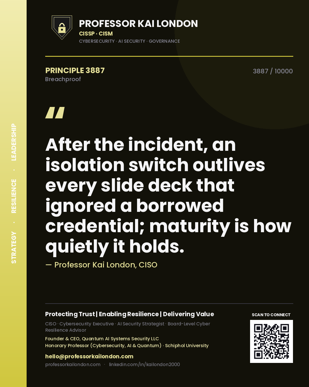 Quote card by Professor Kai London reading 'After the incident, an isolation switch outlives every slide deck that ignored a borrowed credential; maturity is how quietly it holds.'. From the book Breachproof.