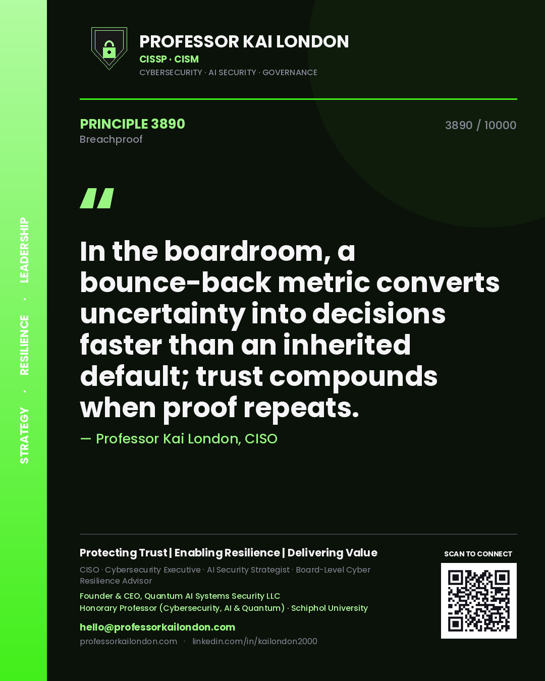 Professor Kai London principle 3890: In the boardroom, a bounce-back metric converts uncertainty into decisions faster than an inherited default; trust compounds when proof repeats.