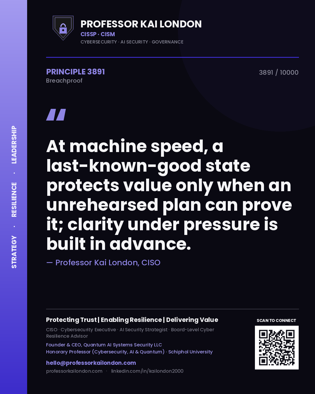 Quote card by Professor Kai London reading 'At machine speed, a last-known-good state protects value only when an unrehearsed plan can prove it; clarity under pressure is built in advance.'. From the book Breachproof.