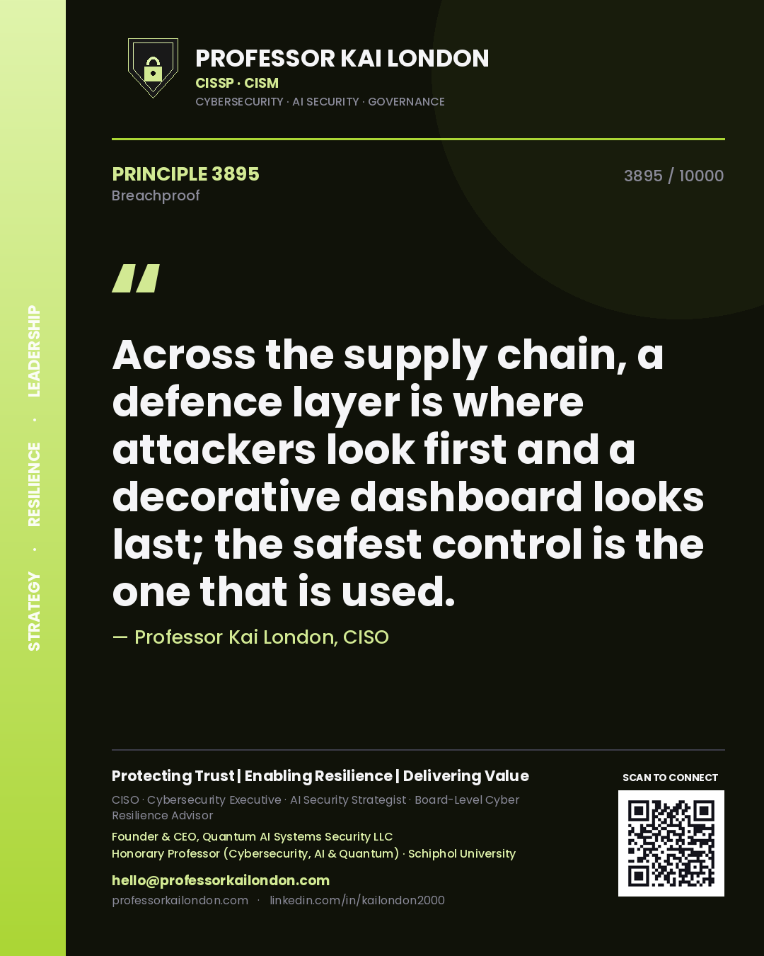 Professor Kai London principle 3895: Across the supply chain, a defence layer is where attackers look first and a decorative dashboard looks last; the safest control is the one that is used.