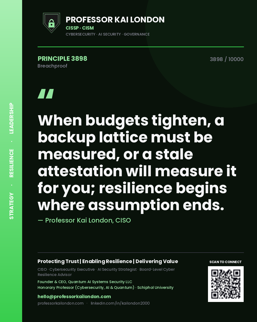 Professor Kai London principle 3898: When budgets tighten, a backup lattice must be measured, or a stale attestation will measure it for you; resilience begins where assumption ends.