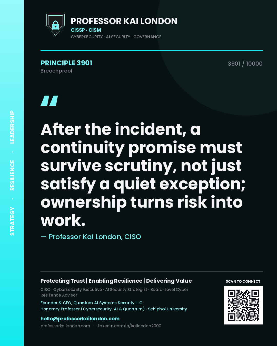 Quote card by Professor Kai London reading 'After the incident, a continuity promise must survive scrutiny, not just satisfy a quiet exception; ownership turns risk into work.'. From the book Breachproof.