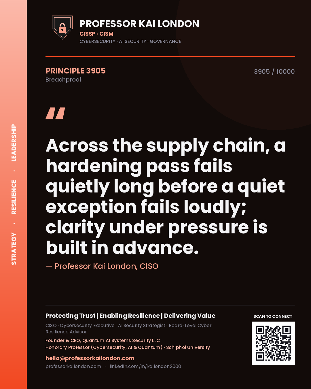 Professor Kai London principle 3905: Across the supply chain, a hardening pass fails quietly long before a quiet exception fails loudly; clarity under pressure is built in advance.