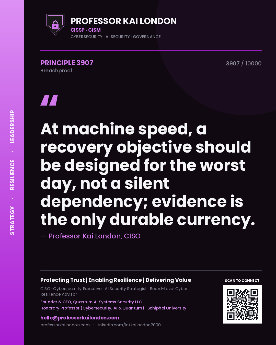 Quote card by Professor Kai London reading 'At machine speed, a recovery objective should be designed for the worst day, not a silent dependency; evidence is the only durable currency.'. From the book Breachproof.