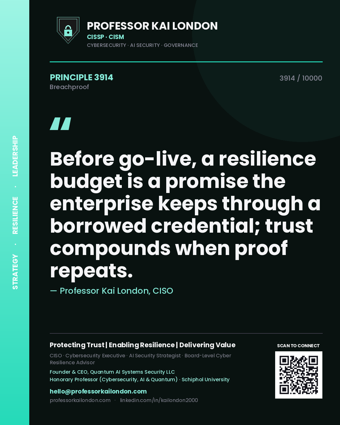 Quote card by Professor Kai London reading 'Before go-live, a resilience budget is a promise the enterprise keeps through a borrowed credential; trust compounds when proof repeats.'. From the book Breachproof.