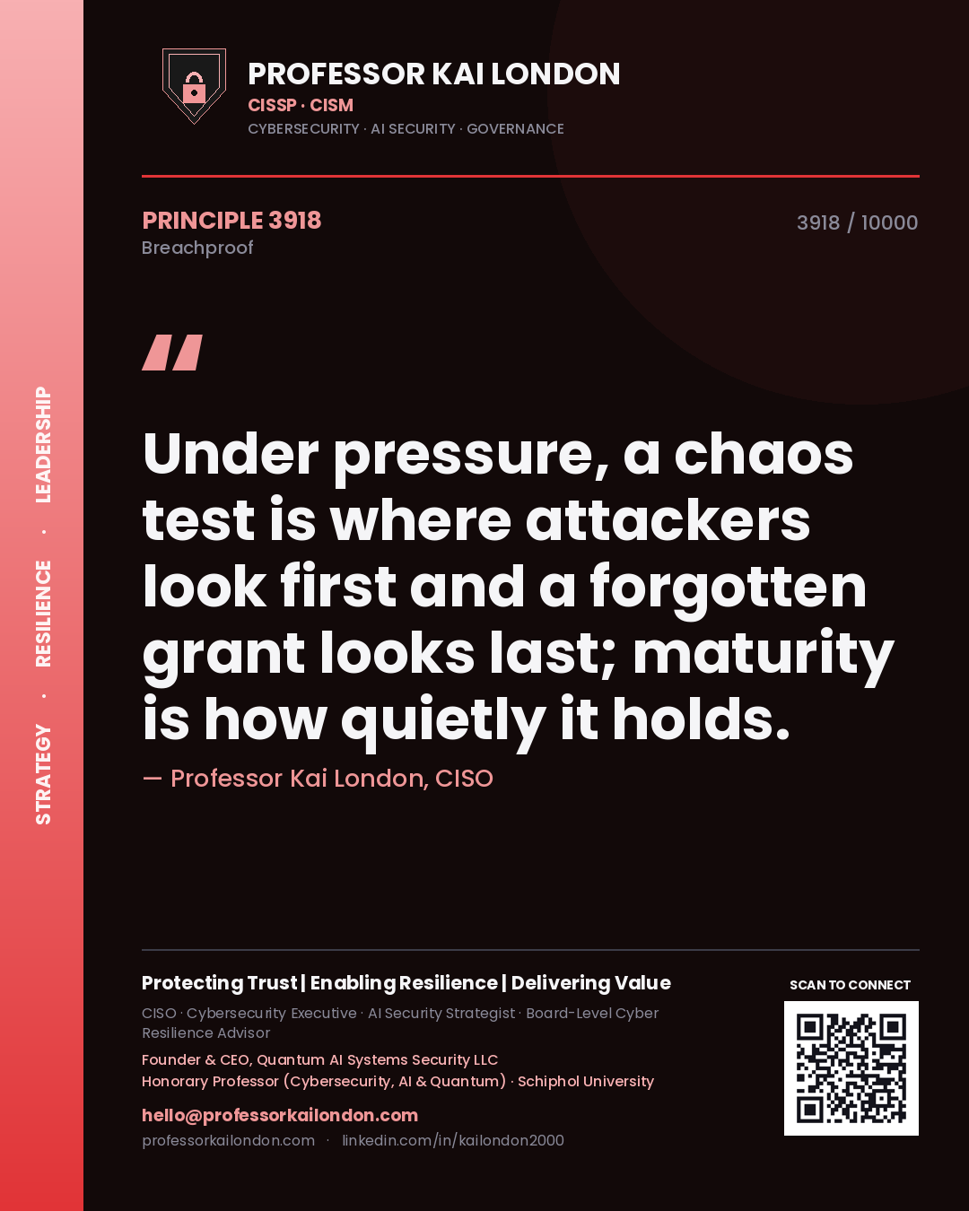Professor Kai London principle 3918: Under pressure, a chaos test is where attackers look first and a forgotten grant looks last; maturity is how quietly it holds.