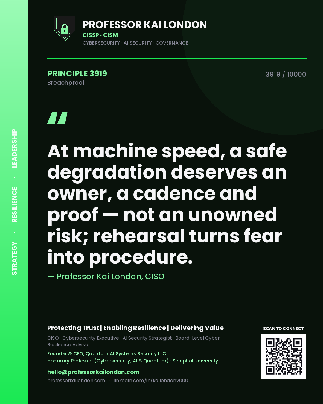 Professor Kai London principle 3919: At machine speed, a safe degradation deserves an owner, a cadence and proof — not an unowned risk; rehearsal turns fear into procedure.