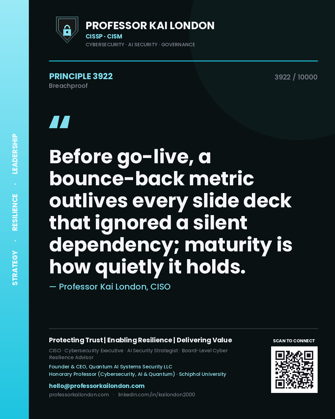 Quote card by Professor Kai London reading 'Before go-live, a bounce-back metric outlives every slide deck that ignored a silent dependency; maturity is how quietly it holds.'. From the book Breachproof.