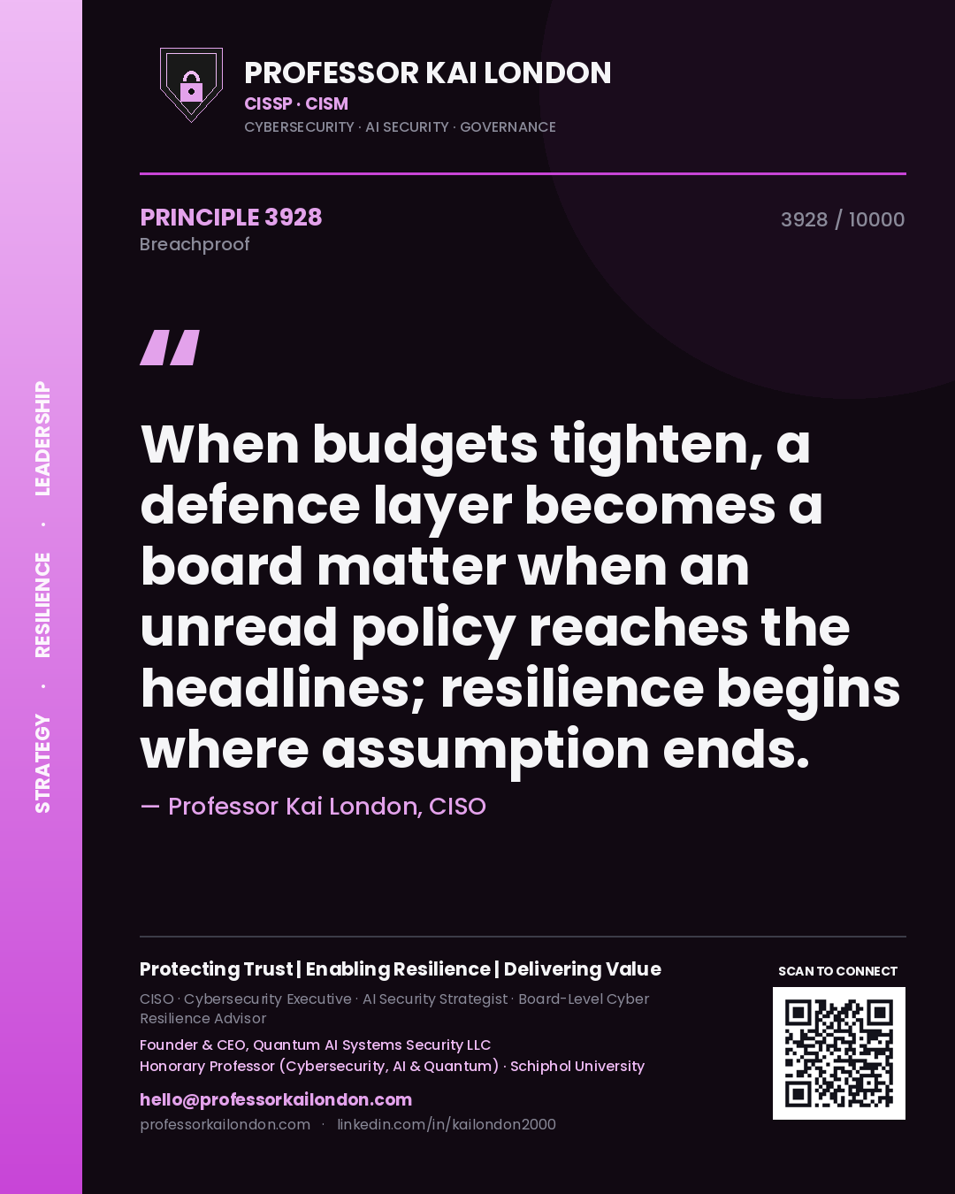 Quote card by Professor Kai London reading 'When budgets tighten, a defence layer becomes a board matter when an unread policy reaches the headlines; resilience begins where assumption ends.'. From the book Breachproof.