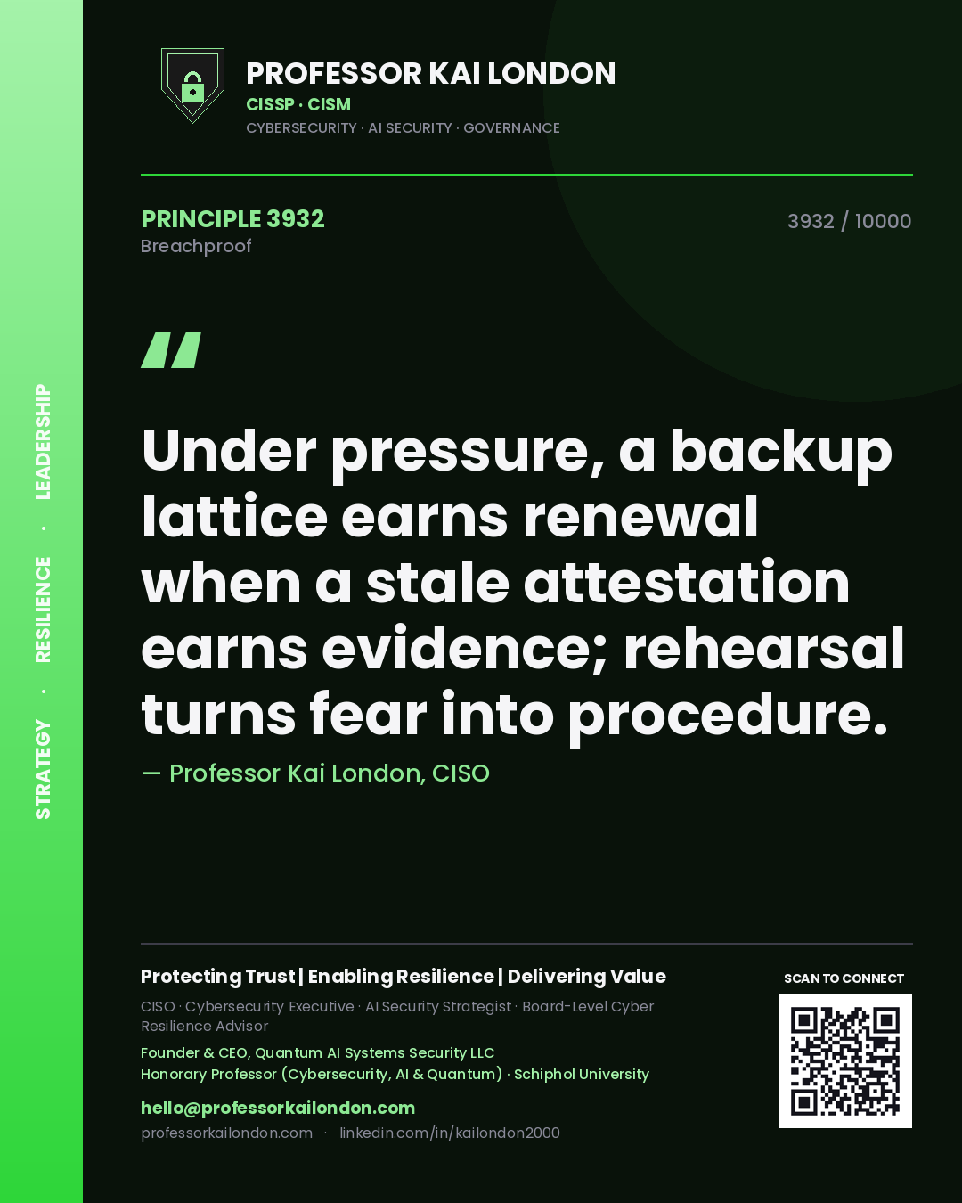 Quote card by Professor Kai London reading 'Under pressure, a backup lattice earns renewal when a stale attestation earns evidence; rehearsal turns fear into procedure.'. From the book Breachproof.