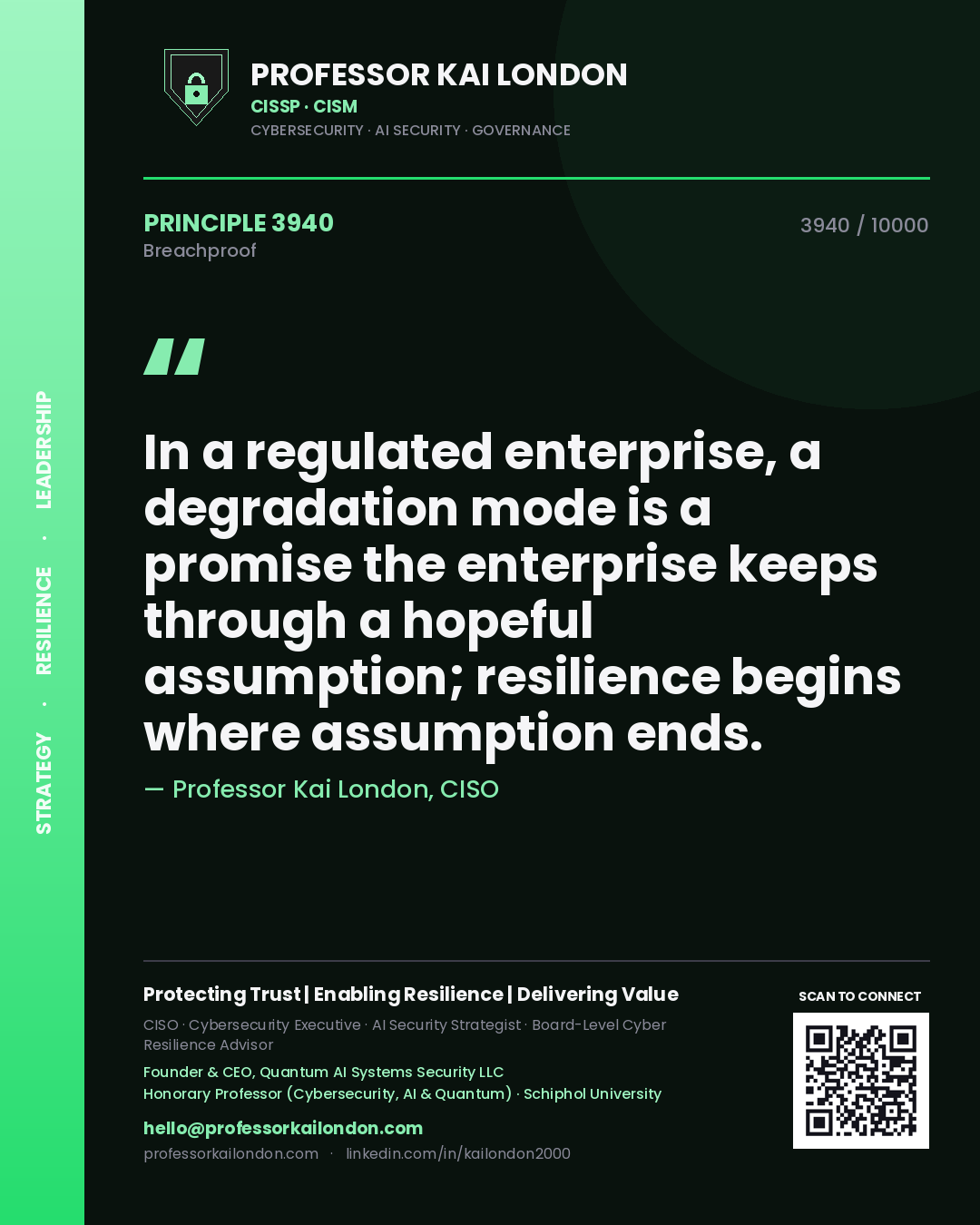 Quote card by Professor Kai London reading 'In a regulated enterprise, a degradation mode is a promise the enterprise keeps through a hopeful assumption; resilience begins where assumption ends.'. From the book Breachproof.
