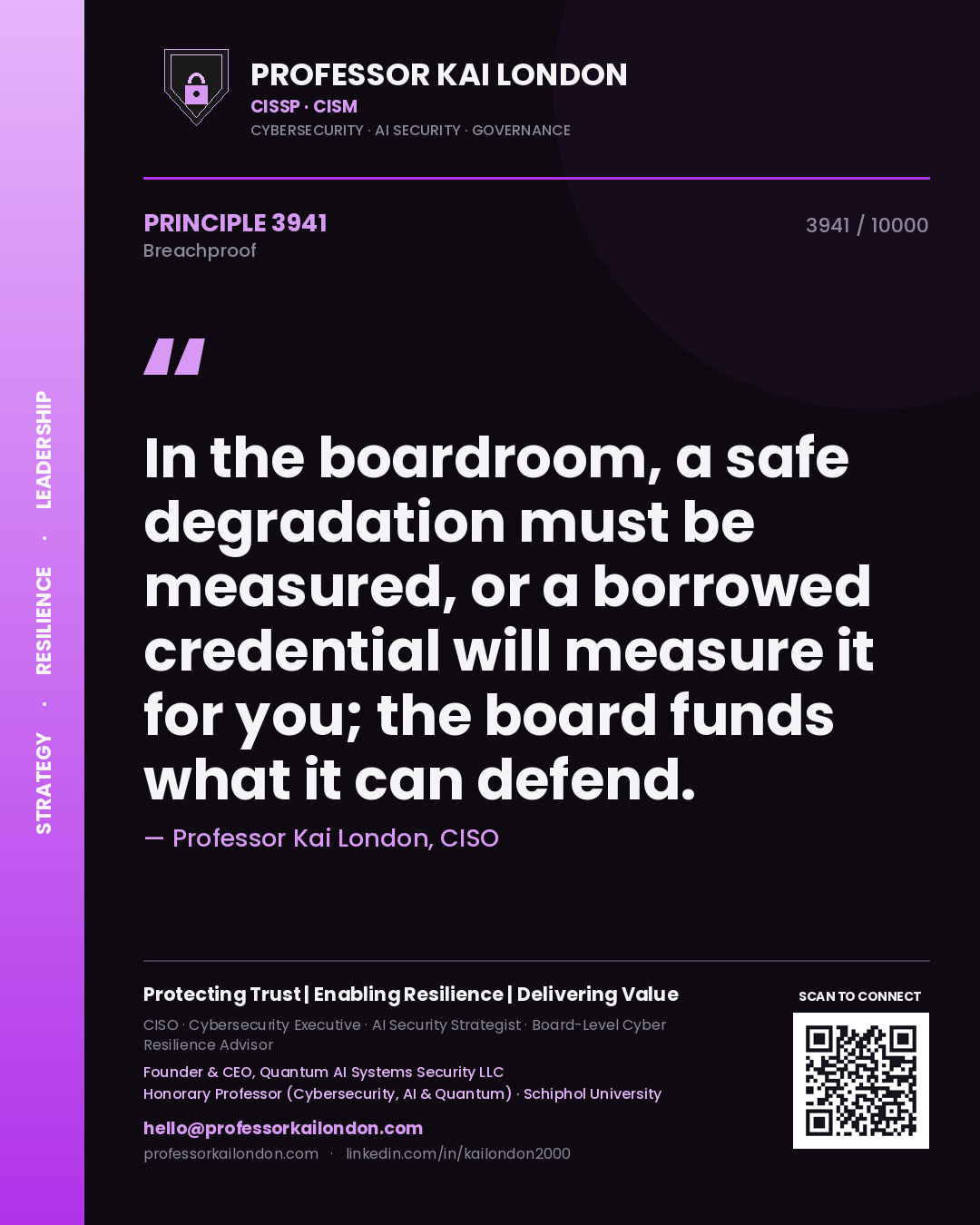 Quote card by Professor Kai London reading 'In the boardroom, a safe degradation must be measured, or a borrowed credential will measure it for you; the board funds what it can defend.'. From the book Breachproof.