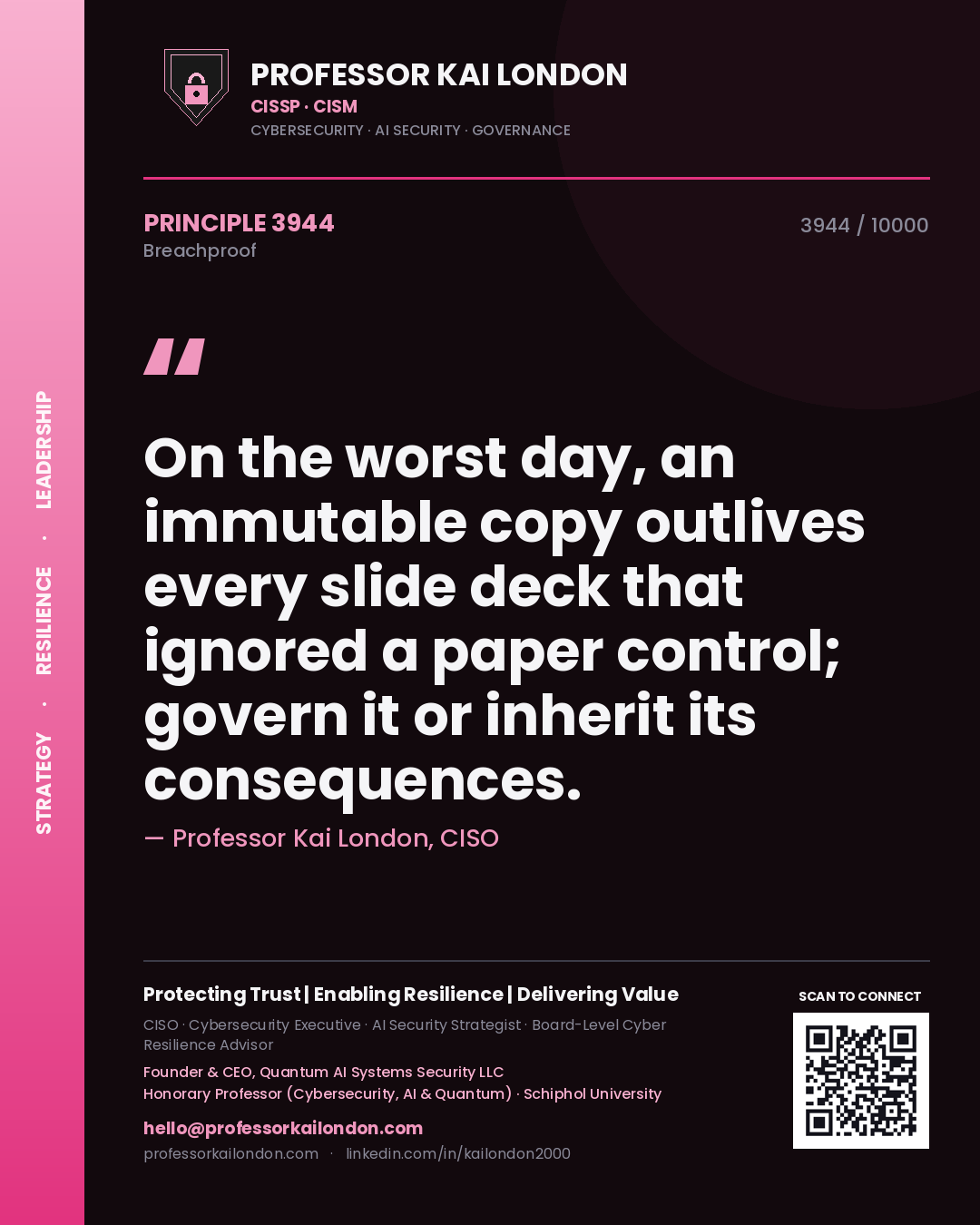 Quote card by Professor Kai London reading 'On the worst day, an immutable copy outlives every slide deck that ignored a paper control; govern it or inherit its consequences.'. From the book Breachproof.