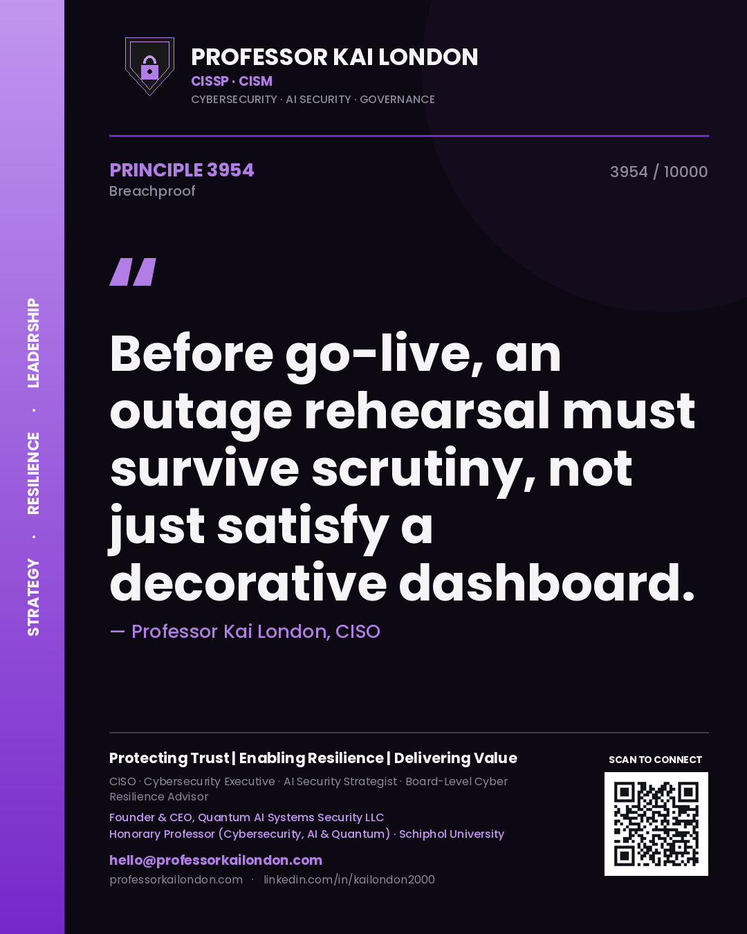Professor Kai London principle 3954: Before go-live, an outage rehearsal must survive scrutiny, not just satisfy a decorative dashboard.