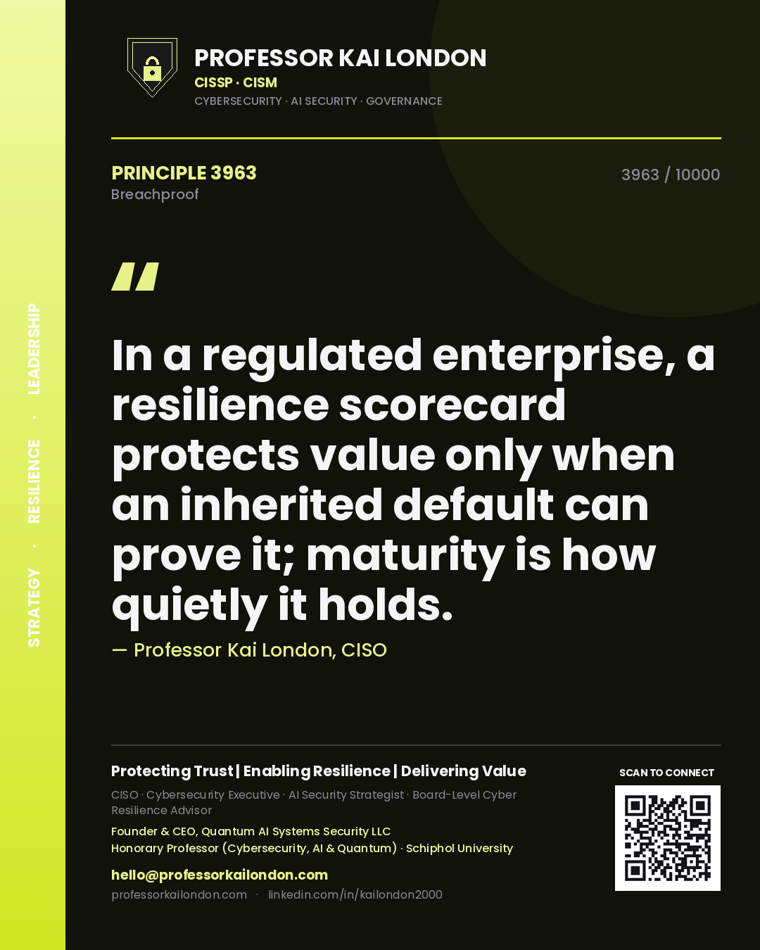 Quote card by Professor Kai London reading 'In a regulated enterprise, a resilience scorecard protects value only when an inherited default can prove it; maturity is how quietly it holds.'. From the book Breachproof.