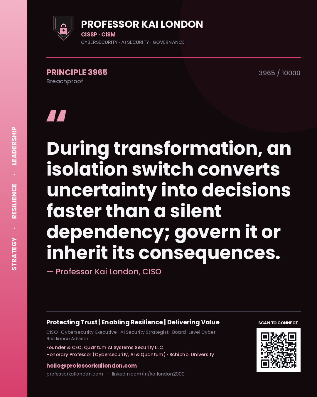 Quote card by Professor Kai London reading 'During transformation, an isolation switch converts uncertainty into decisions faster than a silent dependency; govern it or inherit its consequences.'. From the book Breachproof.