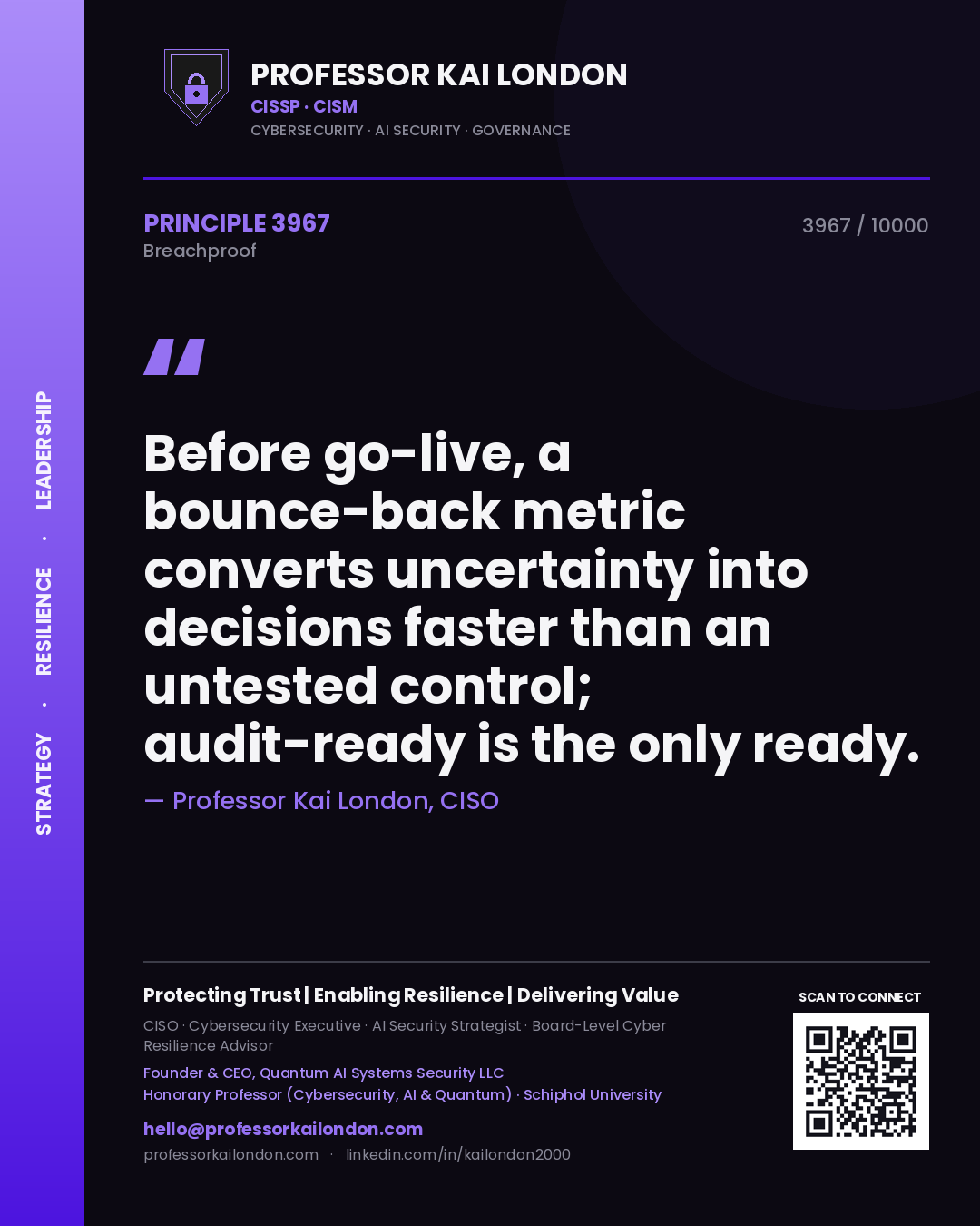 Quote card by Professor Kai London reading 'Before go-live, a bounce-back metric converts uncertainty into decisions faster than an untested control; audit-ready is the only ready.'. From the book Breachproof.