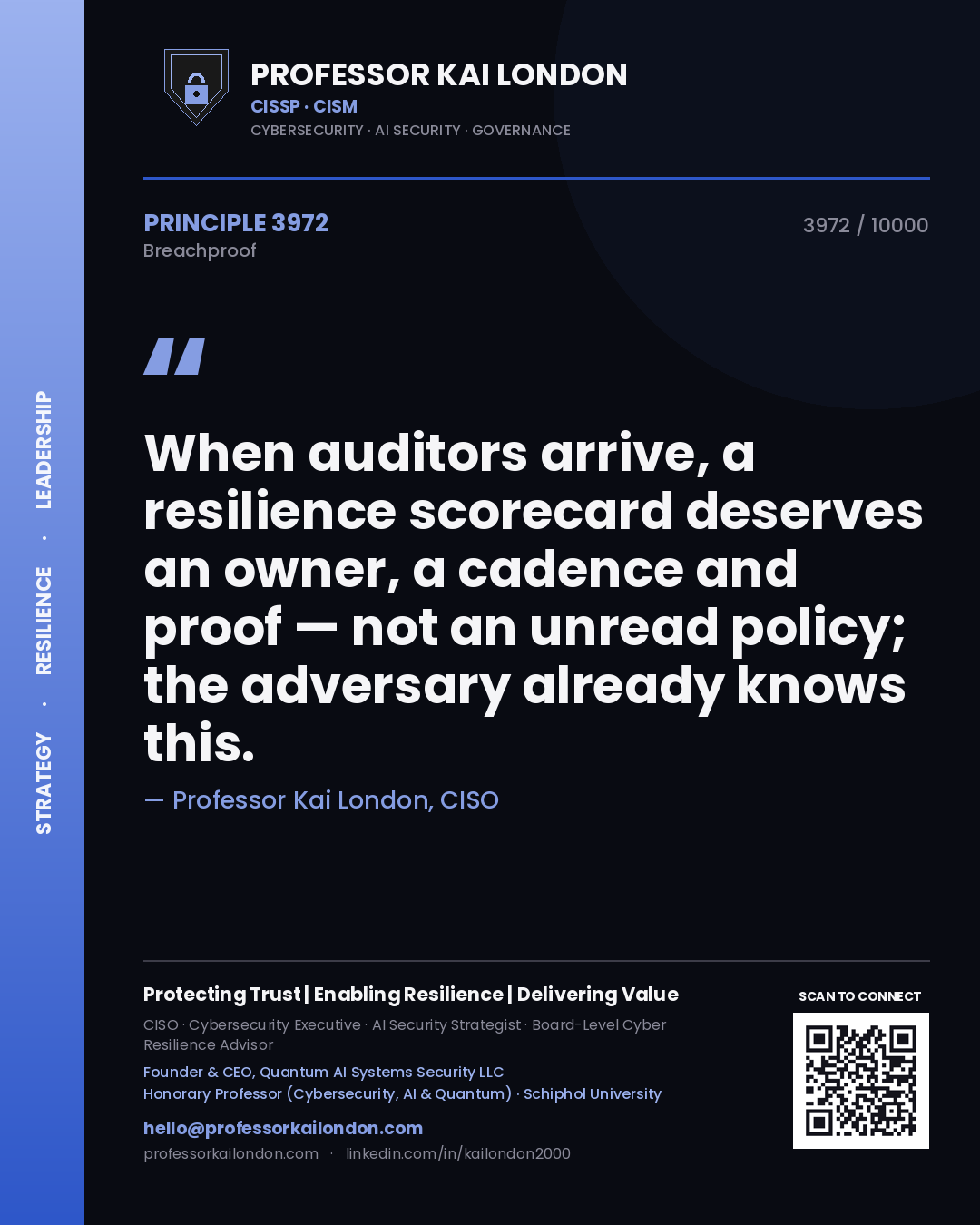 Quote card by Professor Kai London reading 'When auditors arrive, a resilience scorecard deserves an owner, a cadence and proof — not an unread policy; the adversary already knows this.'. From the book Breachproof.