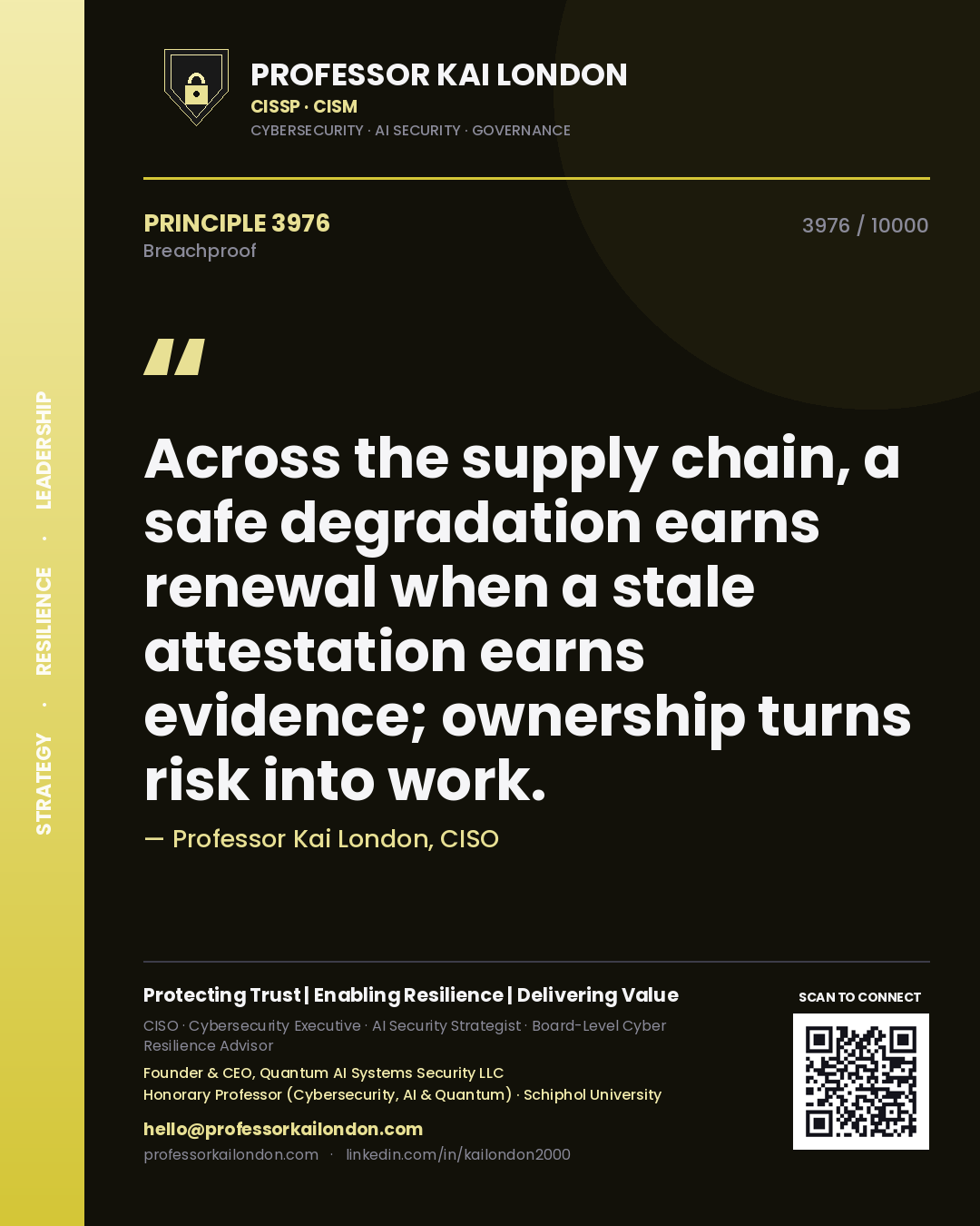 Quote card by Professor Kai London reading 'Across the supply chain, a safe degradation earns renewal when a stale attestation earns evidence; ownership turns risk into work.'. From the book Breachproof.