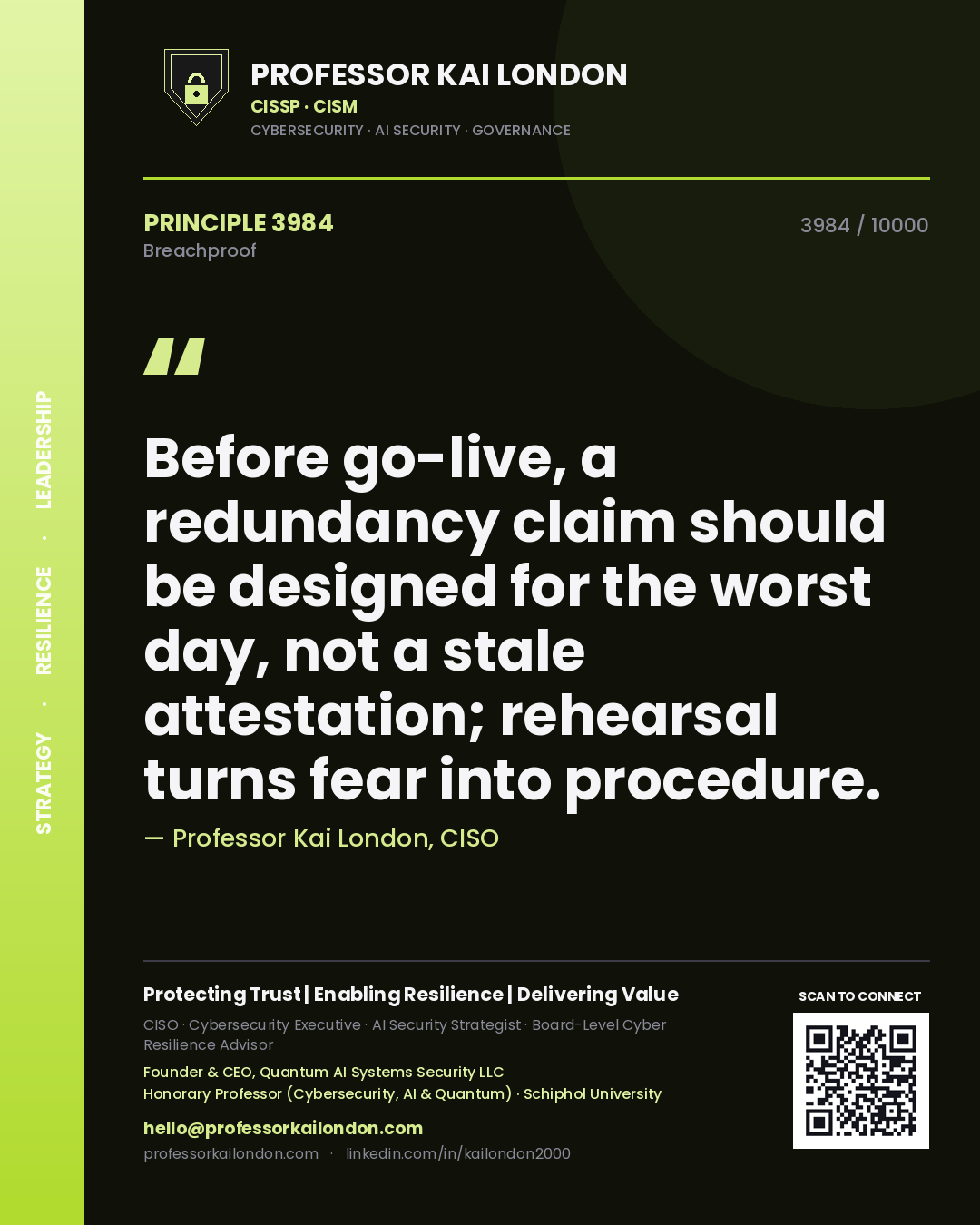 Professor Kai London principle 3984: Before go-live, a redundancy claim should be designed for the worst day, not a stale attestation; rehearsal turns fear into procedure.