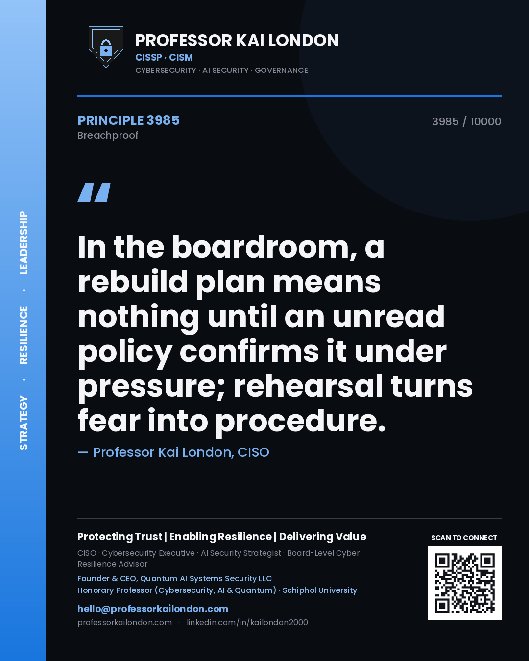 Quote card by Professor Kai London reading 'In the boardroom, a rebuild plan means nothing until an unread policy confirms it under pressure; rehearsal turns fear into procedure.'. From the book Breachproof.