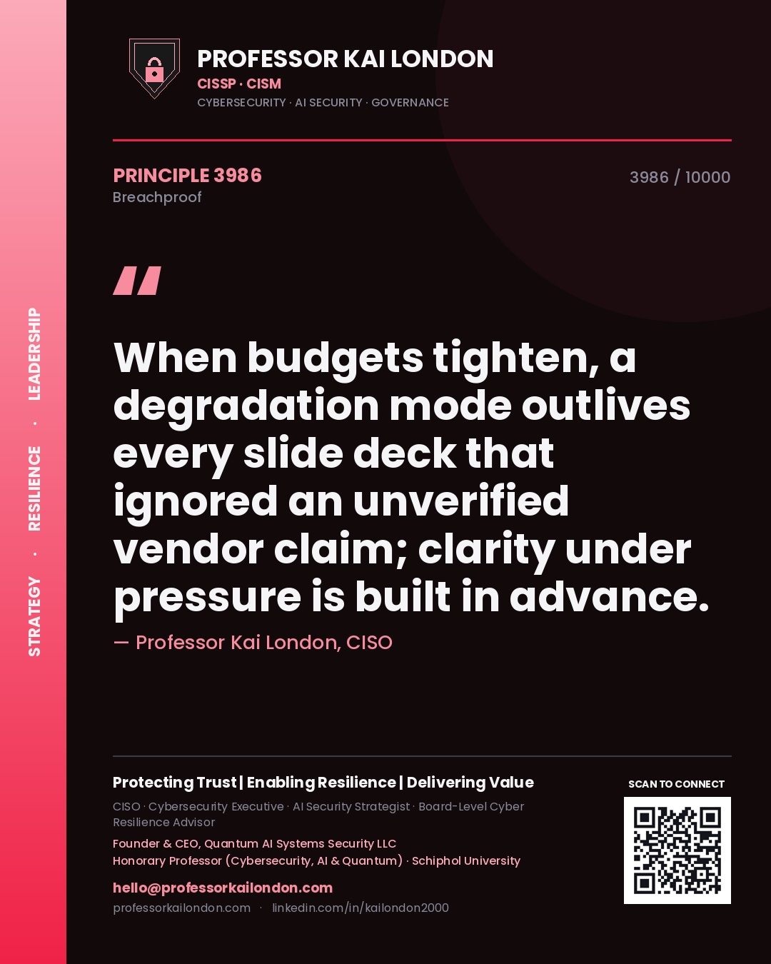 Quote card by Professor Kai London reading 'When budgets tighten, a degradation mode outlives every slide deck that ignored an unverified vendor claim; clarity under pressure is built in advance.'. From the book Breachproof.